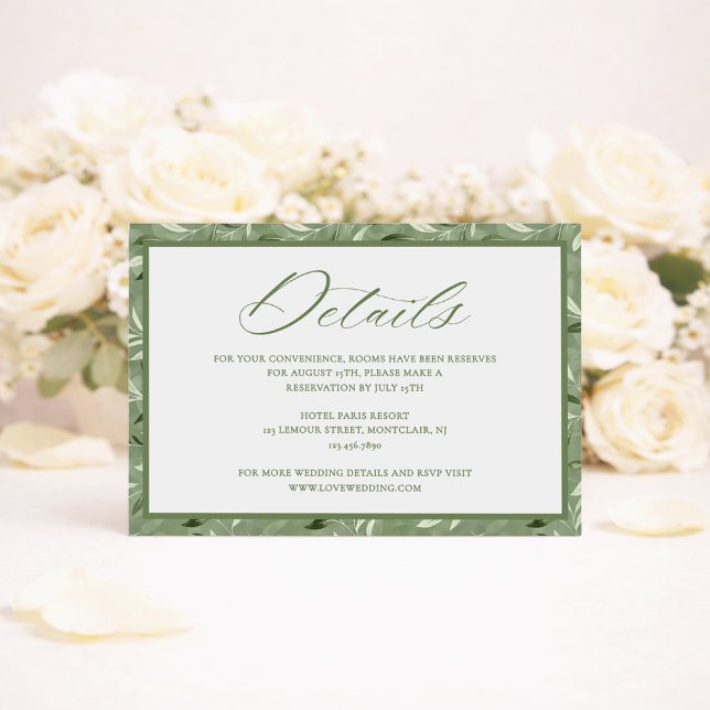 Cartão De Informações Elegant Sage Green Botanical Wedding Details (Criador carregado)