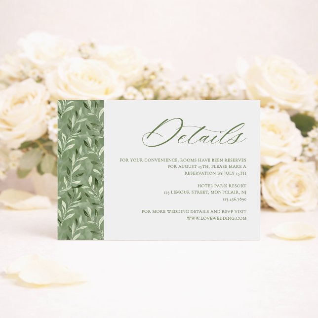 Cartão De Informações Elegant Sage Green Botanical Wedding Details (Criador carregado)