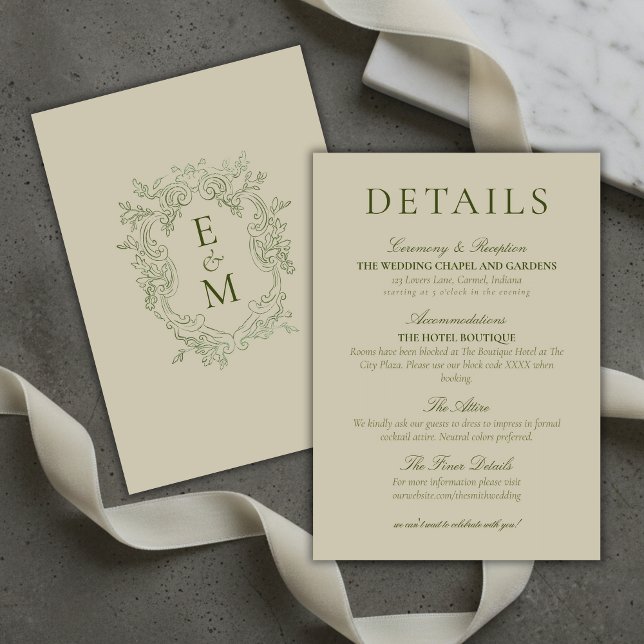 Cartão De Informações Elegant Sage Green Crest Monogram Wedding Details (Elegant Sage Green Crest Monogram Wedding Details Enclosure Card)