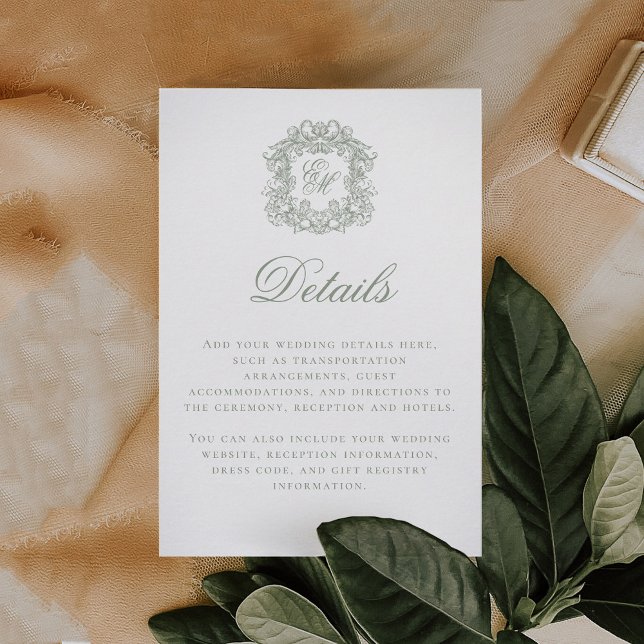 Cartão De Informações Elegant Sage Green Monogram Crest Wedding Details (Criador carregado)