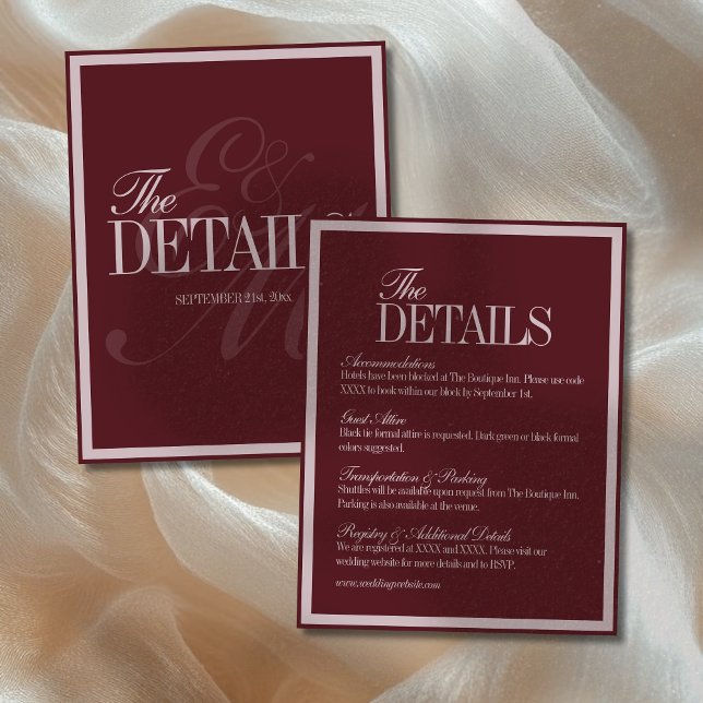 Cartão De Informações Elegant Script Burgundy Red Formal Wedding Details (Announce your upcoming wedding to guests with this Elegant Script Burgundy Red Formal Wedding Card!)