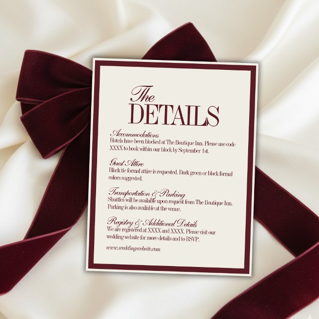 Cartão De Informações Elegant Script Burgundy Red Formal Wedding Details (Elegant Script Burgundy Red Formal Wedding Details Enclosure Card)