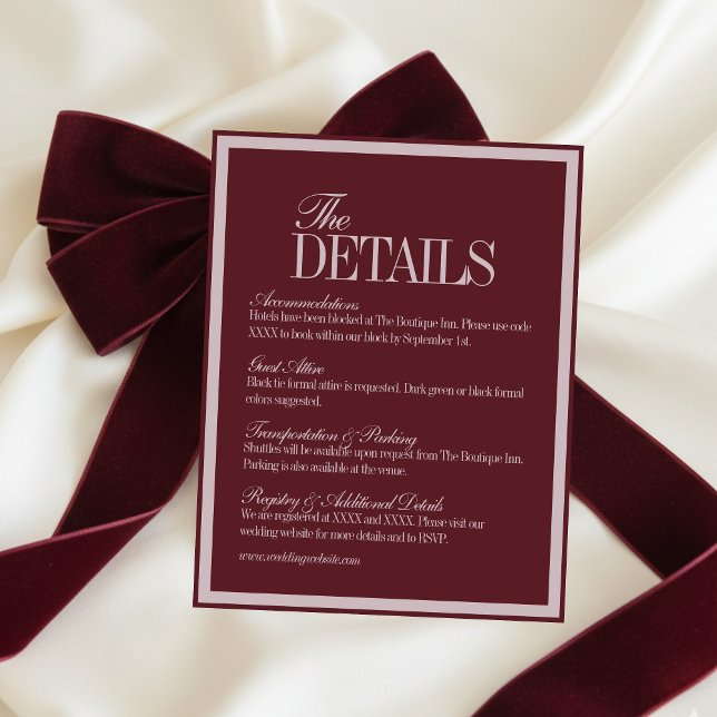 Cartão De Informações Elegant Script Burgundy Red Formal Wedding Details (Elegant Script Burgundy Red Formal Wedding Details Enclosure Card)