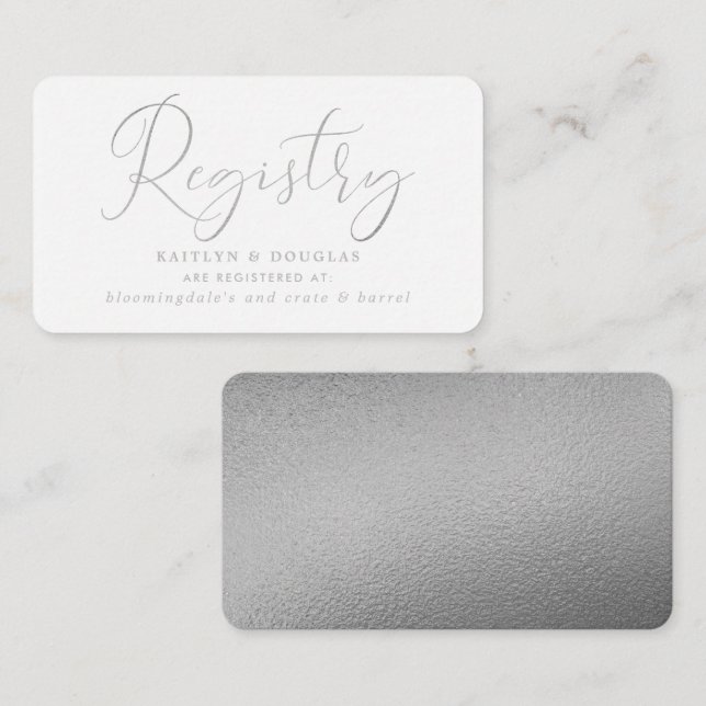 Cartão De Informações Elegant Script Silver Foil Gift Registry (Frente/Verso)