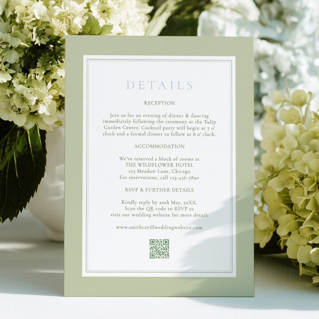 Cartão De Informações Elegant Stripes Sage Wedding Details Card (Criador carregado)