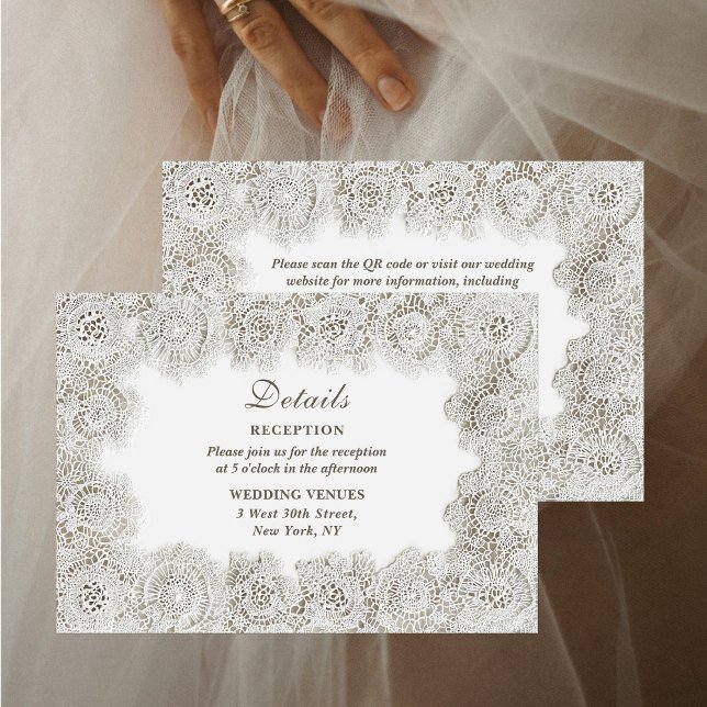 Cartão De Informações Elegant Timeless Lace QR Code Wedding Details (Criador carregado)