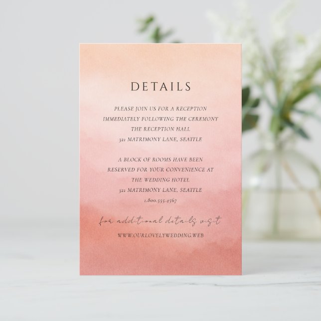 Cartão De Informações Elegant Tropical Sunset Watercolor Wedding (Em pé/Frente)