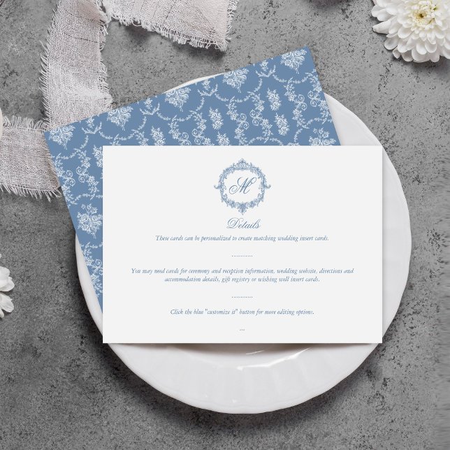 Cartão De Informações Elegant Vintage Blue Toile Monogram Wedding (Criador carregado)