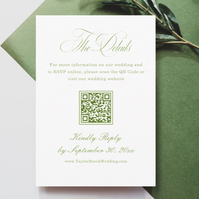 Cartão De Informações Elegant White and Green Wedding Details Qr Code (Criador carregado)