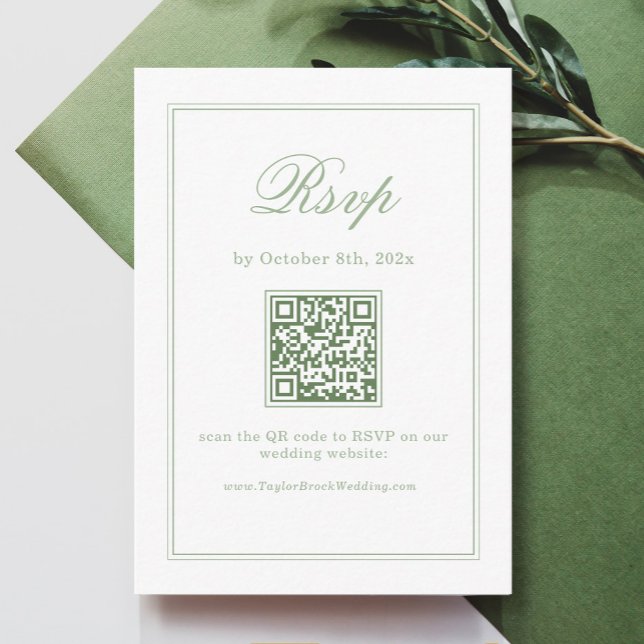 Cartão De Informações Elegant White and Sage Green Wedding RSVP Qr Code (Criador carregado)