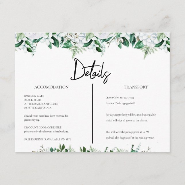 Cartão De Informações Elegant White Floral and Greenery Wedding (Frente)