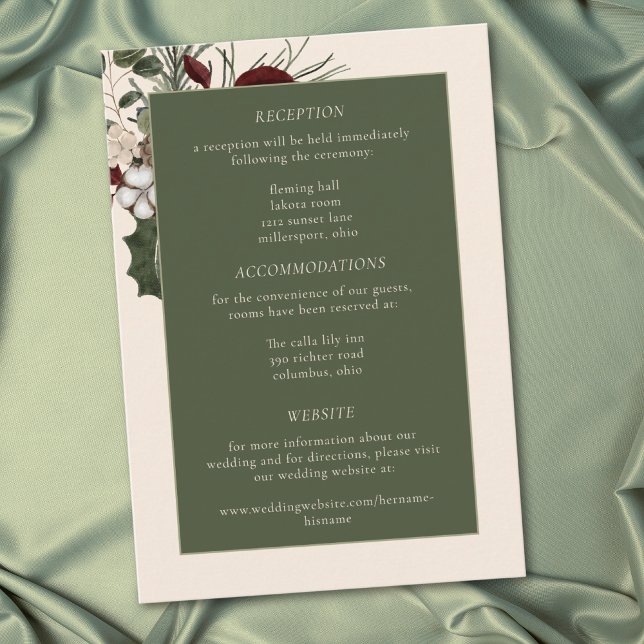 Cartão De Informações Elegant Winter Berries & Pine Ivory Wedding (Elegant Winter Berries & Pine Ivory Wedding Enclosure Card)