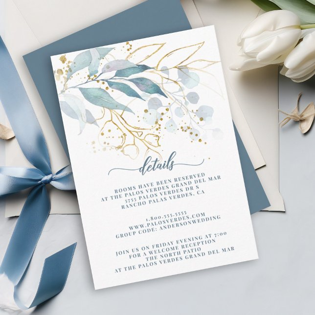 Cartão De Informações Elegante Aquarela Dusty Blue Dourado Detalhes Flor (Dusty blue greenery and gold outline elegant design on this details card.)