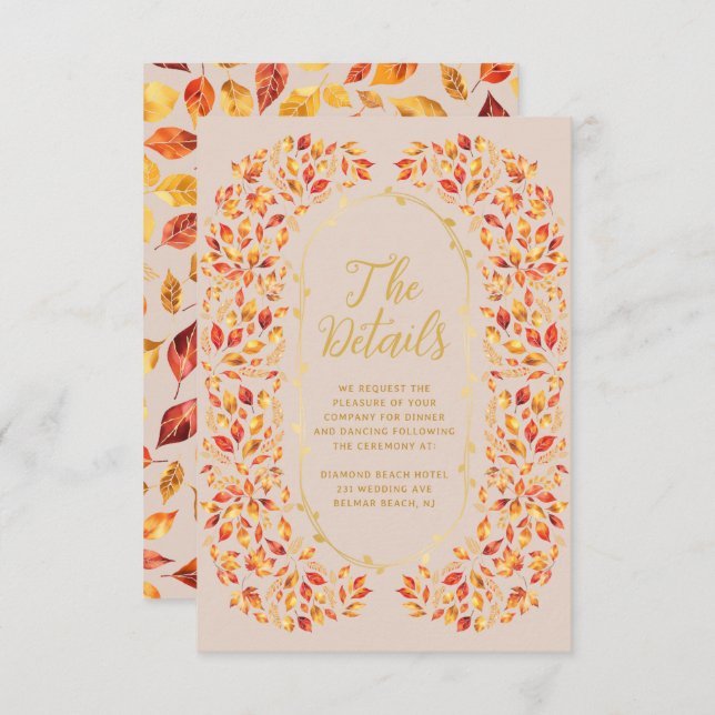 Cartão De Informações Elegante Beige Fall Rustic Deixa Detalhes De Casam (Frente/Verso)
