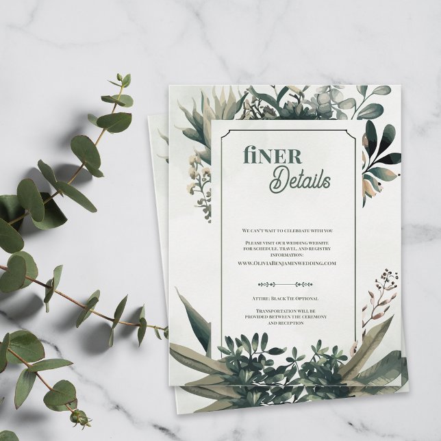 Cartão De Informações Elegante Botânica Verde Detalhes Refinados Casamen (Elegant Botanical Greenery Finer Details Wedding Card | Sage Green Wedding Enclosure)