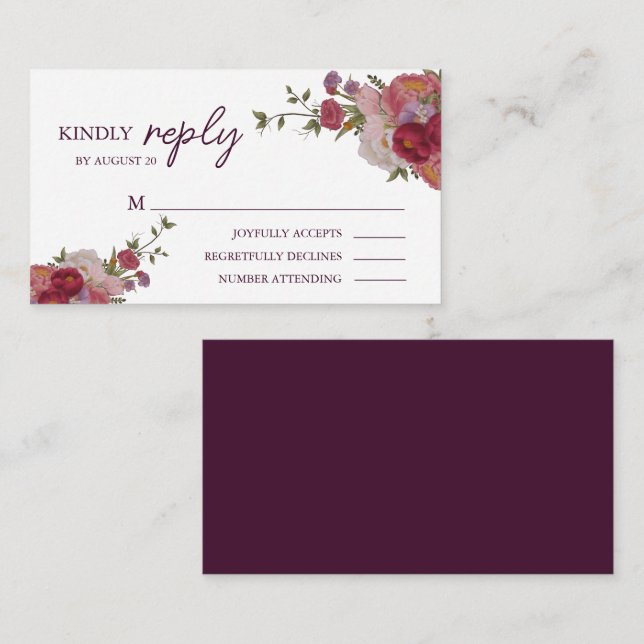 Cartão De Informações Elegante Burgundy Forest Floral Weding RSVP (Frente/Verso)