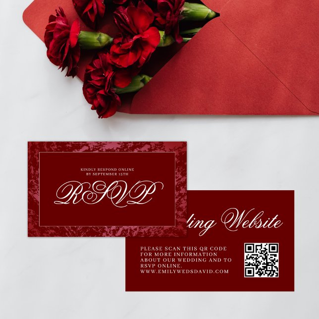 Cartão De Informações Elegante Burgundy Red QR RSVP (Criador carregado)