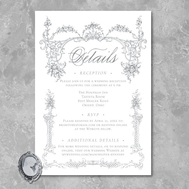 Cartão De Informações Elegante Casamento Vitoriano Cinza Francês com Chi (Elegant French Gray Victorian Chinoiserie Wedding Enclosure Card)