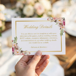 Cartão De Informações Elegante Chic Ouro Rosa Detalhes de Casamento Flor