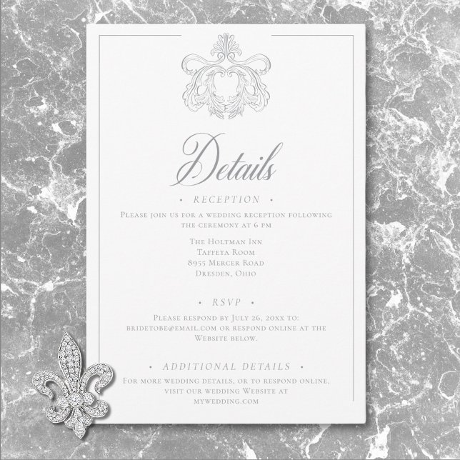 Cartão De Informações Elegante Cinza Detalhe de Casamento com Crista de  (Elegant Gray Chinoiserie Bird Crest Wedding Detail Enclosure Card)