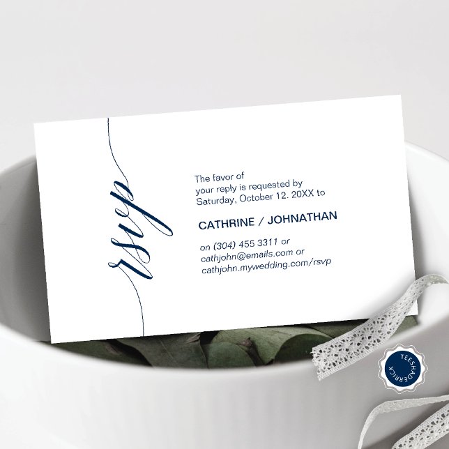 Cartão De Informações Elegante Clássico, Script Azul Marinho, RSVP de Pa (Elegant Classic, Navy Blue Script, Wedding Party RSVP Enclosure Card)