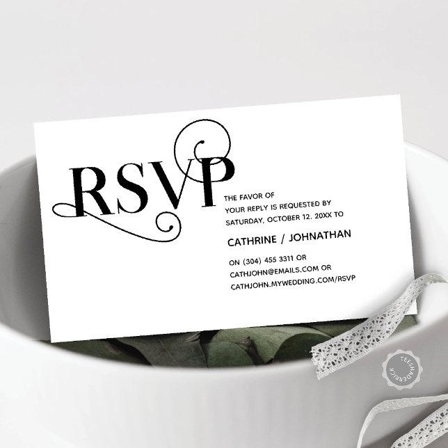 Cartão De Informações Elegante Classy, Black Script, resposta RSVP (Elegant Classy, Invitation RSVP respond Enclosure Card, in Classy Black and White themed)