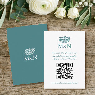 Cartão De Informações Elegante Código QR de Monograma de Casamento RSVP