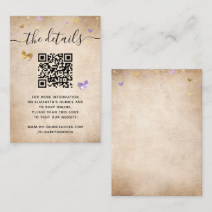Cartão De Informações Elegante Código QR Roxo Dourado Borboleta RSVP