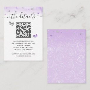 Cartão De Informações Elegante Código QR RSVP Borboleta Prata Roxo Claro