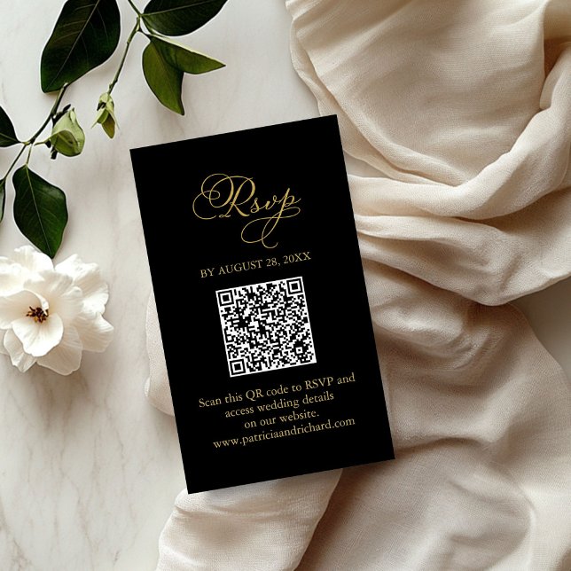 Cartão De Informações Elegante Dourado Script Negra Casamento QR RSVP (Criador carregado)