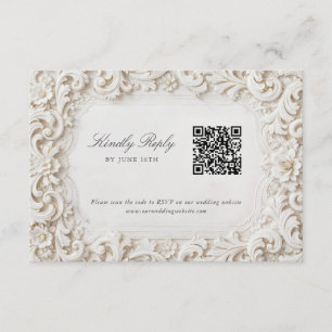 Cartão De Informações Elegante e sofisticado RSVP Barroco Branco com QR