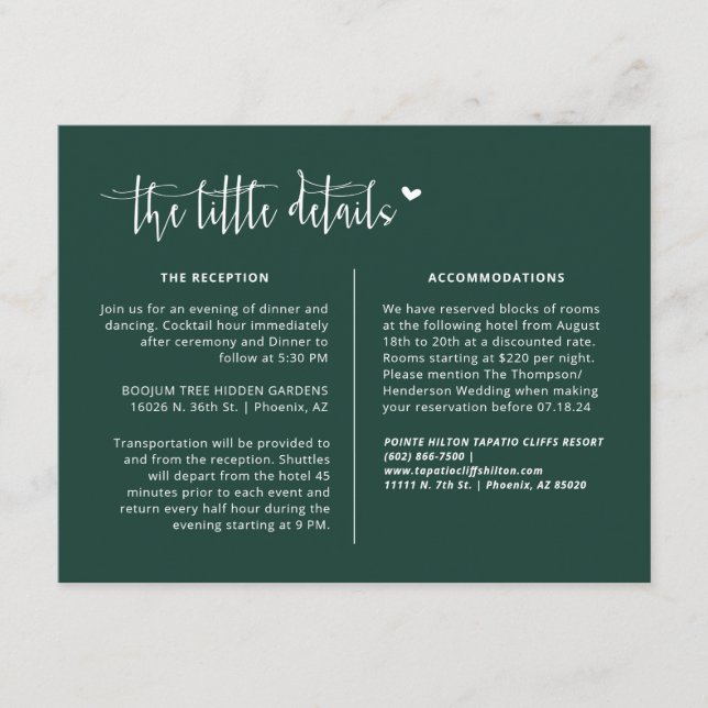 Cartão De Informações Elegante Emerald Green Boho Detalhes do Casamento  (Frente)