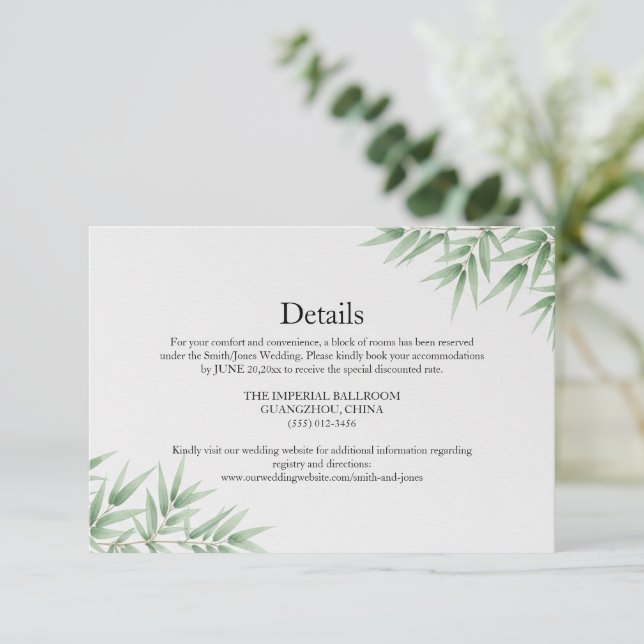 Cartão De Informações Elegante Envelope de Casamento com Folhas de Bambu (Em pé/Frente)