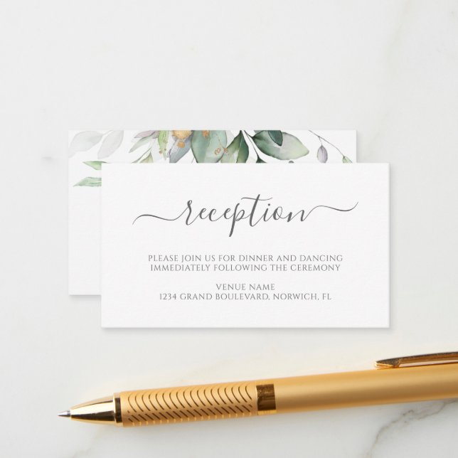 Cartão De Informações Elegante Eucalyptus Greenery Dourada Recepção de c (Frente/Verso In Situ)