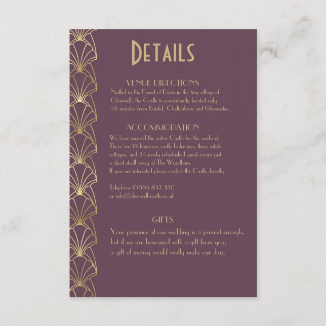 Cartão De Informações Elegante Excelente Chic Art Deco Gatsby Details En (Frente)