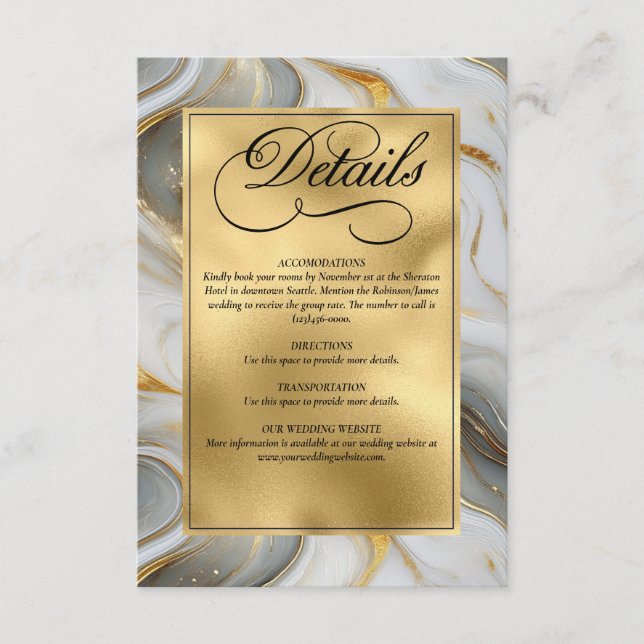 Cartão De Informações Elegante Faux Dourado, Cinza e Casamento Branco Ma (Frente)