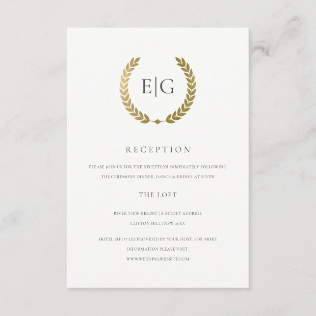CARTÃO DE INFORMAÇÕES ELEGANTE FAUX DOURADO FLORAL LAUREL WREATH RECEPÇÃ (Frente)