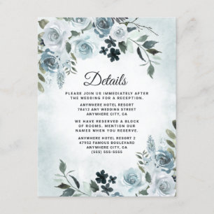 Cartão De Informações Elegante Floral Azul Poeirento Aquarela Casamento 