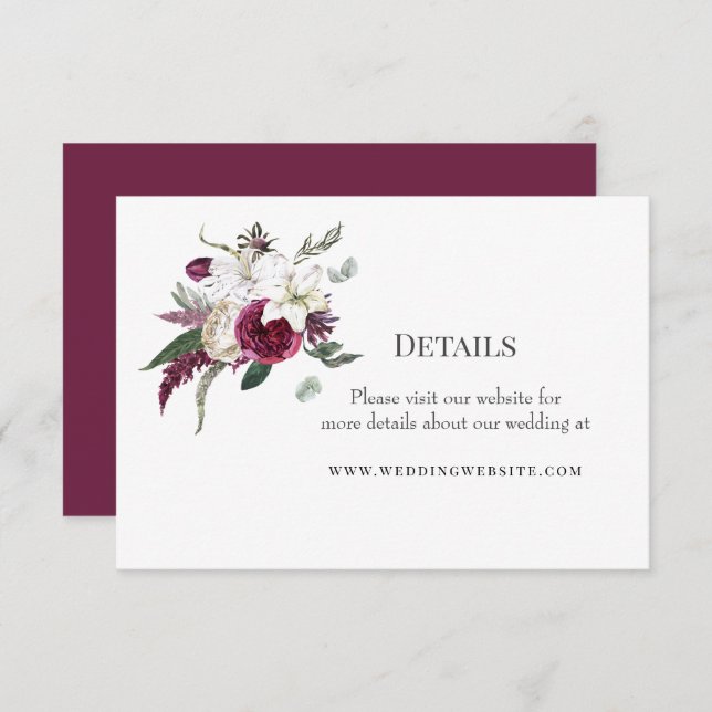 Cartão De Informações Elegante Floral Burgundy Aquarela Casamento (Frente/Verso)