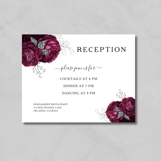 Cartão De Informações Elegante Floral Burgundy Peondy Recepção de casame (Elegant Floral Burgundy Peonies Wedding Reception Enclosure Card)