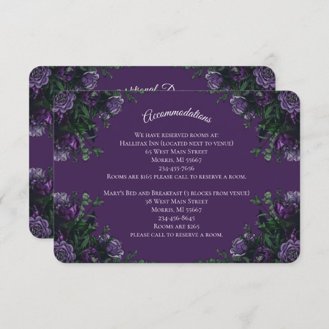 Cartão De Informações Elegante Floral Roxo Casamento Gótico (Frente/Verso)