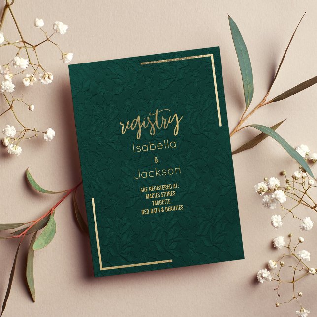 Cartão De Informações Elegante Forest Green Gold Flace Registry (Elegant forest green gold floral lace Registry Enclosure)