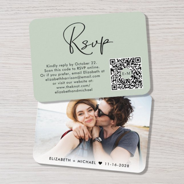 Cartão De Informações Elegante Foto QR Code Wedding Sage RSVP (Criador carregado)