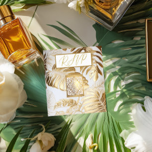 Cartão De Informações Elegante Gilded Dourado Monstera Wedding Código QR