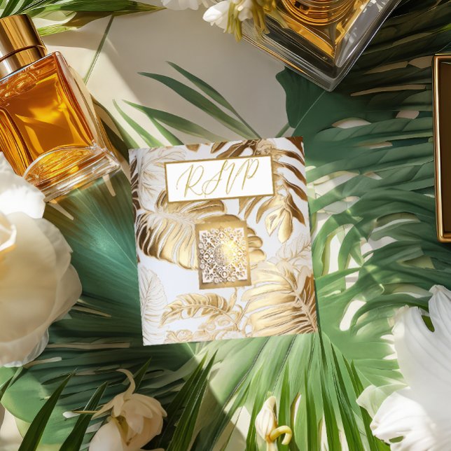 Cartão De Informações Elegante Gilded Dourado Monstera Wedding Código QR (Criador carregado)