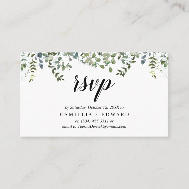 Cartão De Informações Elegante Greenery, Black Script, resposta RSVP (Frente)