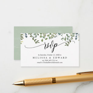 Cartão De Informações Elegante Greenery, Black Script, resposta RSVP
