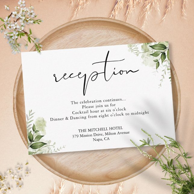 Cartão De Informações Elegante Greenery Floral Recepção de casamento (Elegant Greenery Floral Script Wedding Reception Enclosure Card)