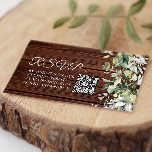 Cartão De Informações Elegante Greenery Rustic Wood Weding Código QR RSV (Criador carregado)