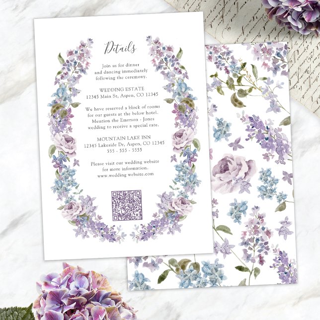 Cartão De Informações Elegante Lilac Wedding (Elegant Lilac Floral Wedding Details Enclosure Card with QR Code by Painted Paperie
)